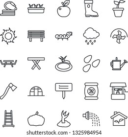 Thin Line Icon Set - ripper vector, ladder, seedling, watering can, sproute, boot, sun, rain, well, hose, axe, plant label, bench, pumpkin, greenhouse, seeds, caterpillar, pond, picnic table