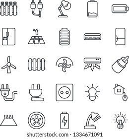 Thin Line Icon Set - ripper vector, battery, low, rca, charge, desk lamp, air conditioner, fridge, home control, socket, power plug, fan, radiator, warm floor, bulb, windmill, idea