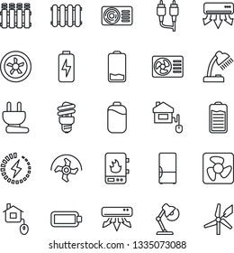 Thin Line Icon Set - ripper vector, battery, low, rca, charge, desk lamp, air conditioner, fridge, home control, power plug, fan, water heater, radiator, energy saving bulb, windmill