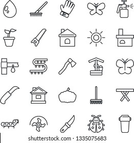 Thin Line Icon Set - ripper vector, rake, seedling, glove, saw, butterfly, lady bug, house, water drop, sun, well, garden knife, axe, pumpkin, fireplace, caterpillar, picnic table, sprayer, filter