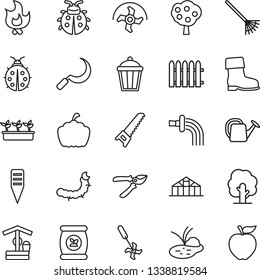 Thin Line Icon Set - ripper vector, fence, rake, tree, watering can, pruner, boot, saw, lady bug, fire, seedling, well, sickle, plant label, pumpkin, garden light, greenhouse, caterpillar, pond