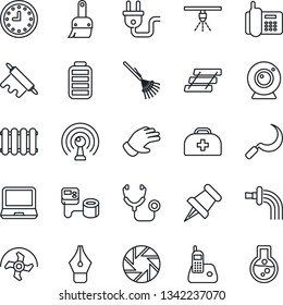 Thin Line Icon Set - ripper vector, rake, watering, glove, sickle, doctor case, stethoscope, blood pressure, office phone, clock, antenna, laptop pc, radio, paper pin, battery, mobile camera, themes