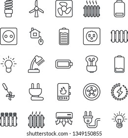 Thin Line Icon Set - ripper vector, battery, low, charge, desk lamp, heater, home control, socket, power plug, fan, water, air conditioner, radiator, bulb, energy saving, windmill, idea