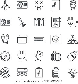 Thin Line Icon Set - ripper vector, battery, rca, charge, desk lamp, heater, air conditioner, fridge, socket, power plug, fan, water, radiator, warm floor, energy saving bulb, windmill, idea