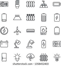 Thin Line Icon Set - ripper vector, battery, low, charge, desk lamp, heater, air conditioner, fridge, water, radiator, warm floor, bulb, energy saving, windmill, idea