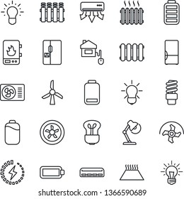 Thin Line Icon Set - ripper vector, battery, low, charge, desk lamp, heater, air conditioner, fridge, home control, fan, water, radiator, warm floor, bulb, energy saving, windmill, idea