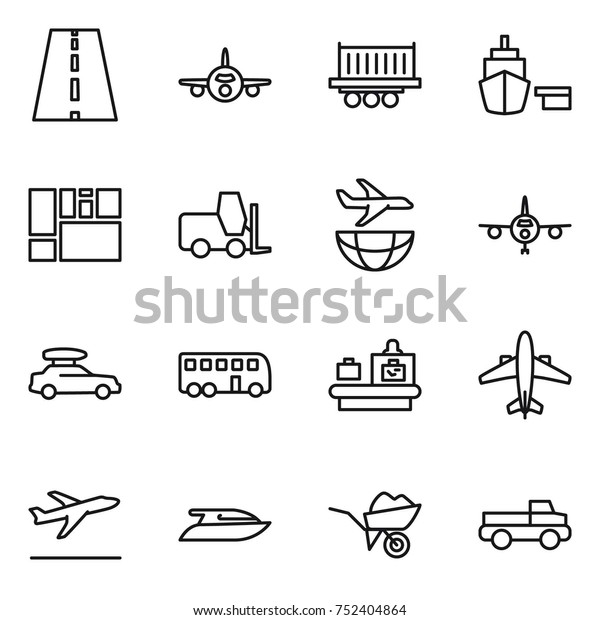 thin line icon set\
: road, plane, truck shipping, port, consolidated cargo, fork\
loader, car baggage, bus, checking, airplane, departure, yacht,\
wheelbarrow, pickup