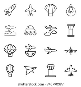 thin line icon set : rocket, plane, parachute, weather management, lunar rover, journey, airport tower, delivery, shipping, air ballon, deltaplane, airplane