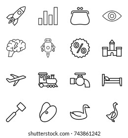 thin line icon set : rocket, graph, purse, eye, brain, jet robot, percent, castle, plane, train, water tap, bed, meat hammer, beans, goose