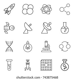 thin line icon set : rocket, atom core, molecule, satellite, antenna, round flask, dna, microscope, quantum bond, vial, modify, cpu, chemical