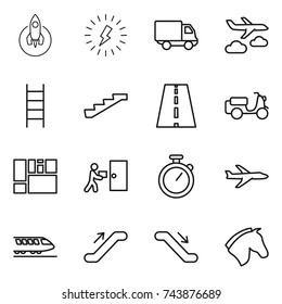 thin line icon set : rocket, lightning, delivery, journey, stairs, road, scooter shipping, consolidated cargo, courier, stopwatch, plane, train, escalator, horse