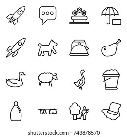 thin line icon set : rocket, message, flower bed, insurance, dog, kettle, chicken leg, goose, sheep, foam bucket, cleanser, drying clothe, garden cleaning, floor washing