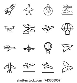 thin line icon set : rocket, plane, weather management, drone, journey, parachute delivery, air ballon, deltaplane, airplane, departure, arrival, wasp