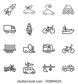 thin line icon set : rocket, eco car, electric, lunar rover, delivery, spark plug, bike, sea shipping, truck, fork loader, trailer, motorcycle, transfer, plow, pickup
