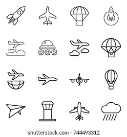 thin line icon set : rocket, plane, parachute, weather management, lunar rover, journey, delivery, shipping, air ballon, deltaplane, airport tower, airplane, rain cloud
