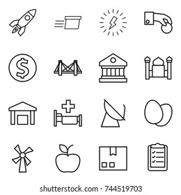 thin line icon set : rocket, delivery, lightning, hand coin, dollar, bridge, library, minaret, warehouse, hospital, satellite antenna, eggs, windmill, apple, package, clipboard list