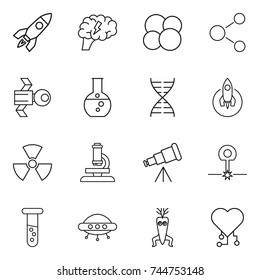 thin line icon set : rocket, brain, atom core, molecule, satellite, round flask, dna, nuclear, microscope, telescope, laser, vial, ufo, modify, cardio chip
