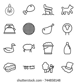 thin line icon set : rocket, chicken leg, aquapark, dog, kettle, sieve, sheep, goose, foam bucket, cleanser, sponge with, drying clothe, garden cleaning, floor washing