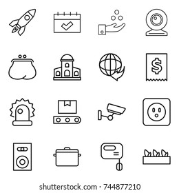thin line icon set : rocket, calendar, chemical industry, web cam, purse, mansion, delivery, tax, alarm, transporter tape, surveillance, power socket, speaker, pan, mixer, seedling