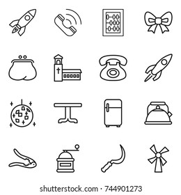 thin line icon set : rocket, call, abacus, bow, purse, church, phone, disco ball, table, fridge, kettle, walnut crack, hand mill, sickle, windmill