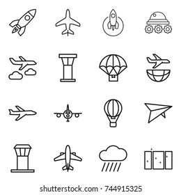 thin line icon set : rocket, plane, lunar rover, journey, airport tower, parachute delivery, shipping, air ballon, deltaplane, airplane, rain cloud, clean window