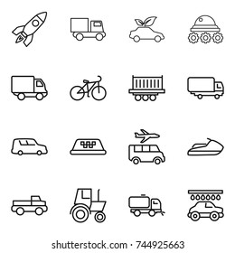 thin line icon set : rocket, truck, eco car, lunar rover, delivery, bike, shipping, taxi, transfer, jet ski, pickup, tractor, sweeper, wash