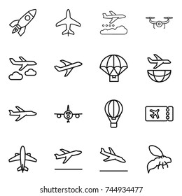 thin line icon set : rocket, plane, weather management, drone, journey, parachute delivery, shipping, air ballon, ticket, airplane, departure, arrival, wasp