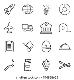 thin line icon set : rocket, globe, bulb, circle diagram, plane, truck, library, measuring tape, clipboard, trolley, egg timer, meal cap, sickle, flour, grape, pruner
