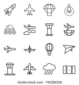 thin line icon set : rocket, plane, parachute, lunar rover, journey, airport tower, shipping, air ballon, deltaplane, airplane, rain cloud, clean window