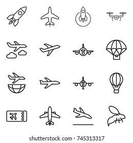 thin line icon set : rocket, plane, drone, journey, parachute delivery, shipping, air ballon, ticket, airplane, arrival, wasp