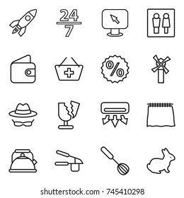 thin line icon set : rocket, 24 7, monitor arrow, wc, wallet, add to basket, percent, windmill, confidential, broken, air conditioning, curtain, kettle, garlic clasp, whisk, rabbit