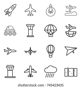 thin line icon set : rocket, plane, weather management, lunar rover, airport tower, parachute delivery, shipping, air ballon, deltaplane, airplane, rain cloud, clean window