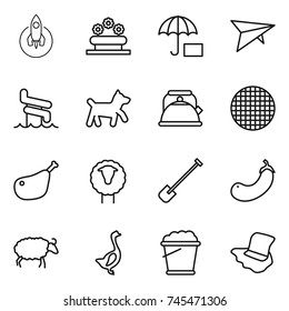 thin line icon set : rocket, flower bed, insurance, deltaplane, aquapark, dog, kettle, sieve, chicken leg, sheep, shovel, eggplant, goose, foam bucket, floor washing