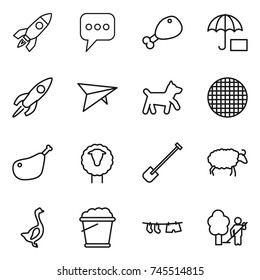 thin line icon set : rocket, message, chicken leg, insurance, deltaplane, dog, sieve, sheep, shovel, goose, foam bucket, drying clothe, garden cleaning