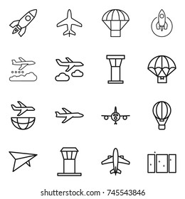 thin line icon set : rocket, plane, parachute, weather management, journey, airport tower, delivery, shipping, air ballon, deltaplane, airplane, clean window