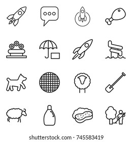 thin line icon set : rocket, message, chicken leg, flower bed, insurance, aquapark, dog, sieve, sheep, shovel, cleanser, sponge with foam, garden cleaning