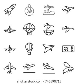 thin line icon set : rocket, weather management, plane, parachute delivery, shipping, air ballon, deltaplane, ticket, airplane, departure, arrival, wasp