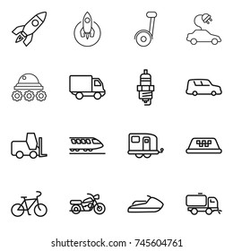 thin line icon set : rocket, segway, electric car, lunar rover, delivery, spark plug, shipping, fork loader, train, trailer, taxi, bike, motorcycle, jet ski, sweeper