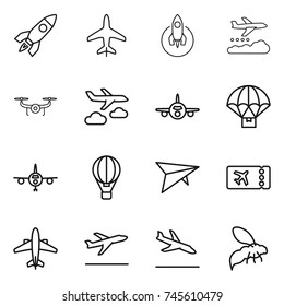 thin line icon set : rocket, plane, weather management, drone, journey, parachute delivery, air ballon, deltaplane, ticket, airplane, departure, arrival, wasp