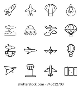 thin line icon set : rocket, plane, parachute, weather management, lunar rover, journey, delivery, shipping, air ballon, deltaplane, airport tower, airplane, clean window