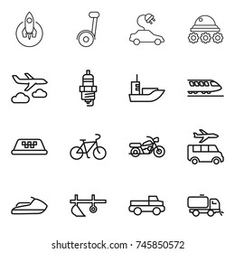 thin line icon set : rocket, segway, electric car, lunar rover, journey, spark plug, sea shipping, train, taxi, bike, motorcycle, transfer, jet ski, plow, pickup, sweeper