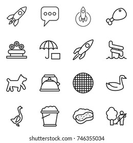 thin line icon set : rocket, message, chicken leg, flower bed, aquapark, dog, kettle, sieve, goose, foam bucket, sponge with, garden cleaning