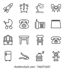 thin line icon set : rocket, alarm clock, table lamp, bow, baby stroller, phone, curtain, dresser, stool, chair, fridge, walnut crack, hand mill, windmill