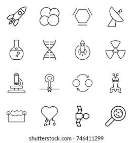thin line icon set : rocket, atom core, hex molecule, satellite antenna, round flask, dna, nuclear, microscope, laser, quantum bond, modify, electrostatic, cardio chip, viruses