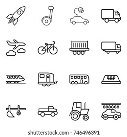 thin line icon set : rocket, segway, electric car, delivery, journey, bike, truck shipping, train, trailer, bus, taxi, plow, pickup, tractor, wash