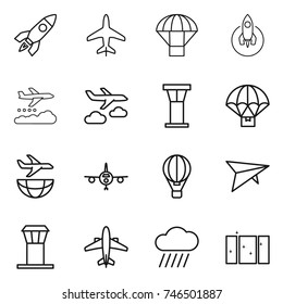 thin line icon set : rocket, plane, parachute, weather management, journey, airport tower, delivery, shipping, air ballon, deltaplane, airplane, rain cloud, clean window
