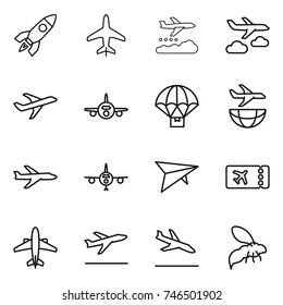 thin line icon set : rocket, plane, weather management, journey, parachute delivery, shipping, deltaplane, ticket, airplane, departure, arrival, wasp