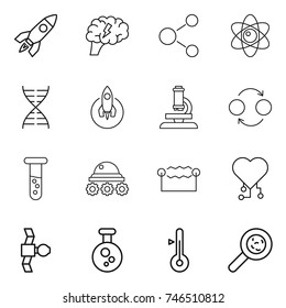 thin line icon set : rocket, brain, molecule, atom, dna, microscope, quantum bond, vial, lunar rover, electrostatic, cardio chip, satellite, chemical, thermometer, viruses