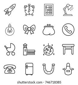 thin line icon set : rocket, alarm clock, abacus, table lamp, bow, purse, phone, baby stroller, church, disco ball, stool, fridge, horseshoe, apron