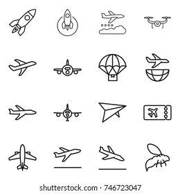 thin line icon set : rocket, weather management, drone, plane, parachute delivery, shipping, deltaplane, ticket, airplane, departure, arrival, wasp